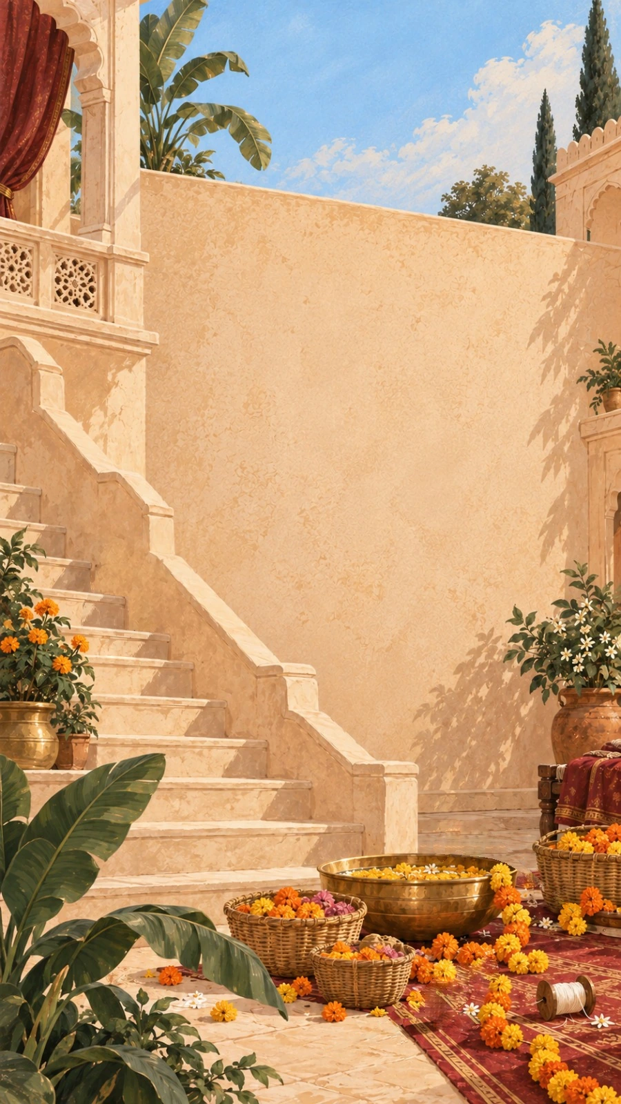 A marigold-filled courtyard in warm morning sun: wicker baskets and a brass urli heaped with marigolds, garlands on a red rug, green parrots, and a tabby cat walking down the stone stairs.