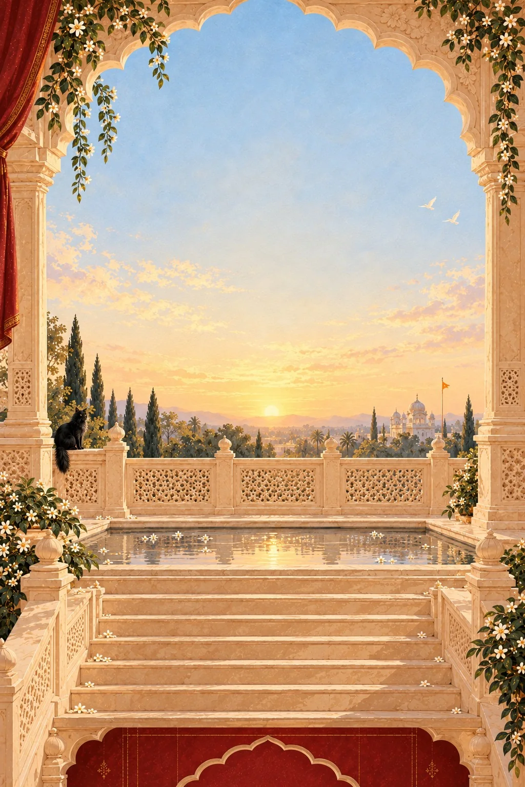 Hand-painted dawn seen through a carved ivory arch hung with jasmine: the sky warming toward sunrise over a distant gurdwara and its Nishan Sahib, a black cat on the stone railing, a still reflecting pool and broad sandstone steps.