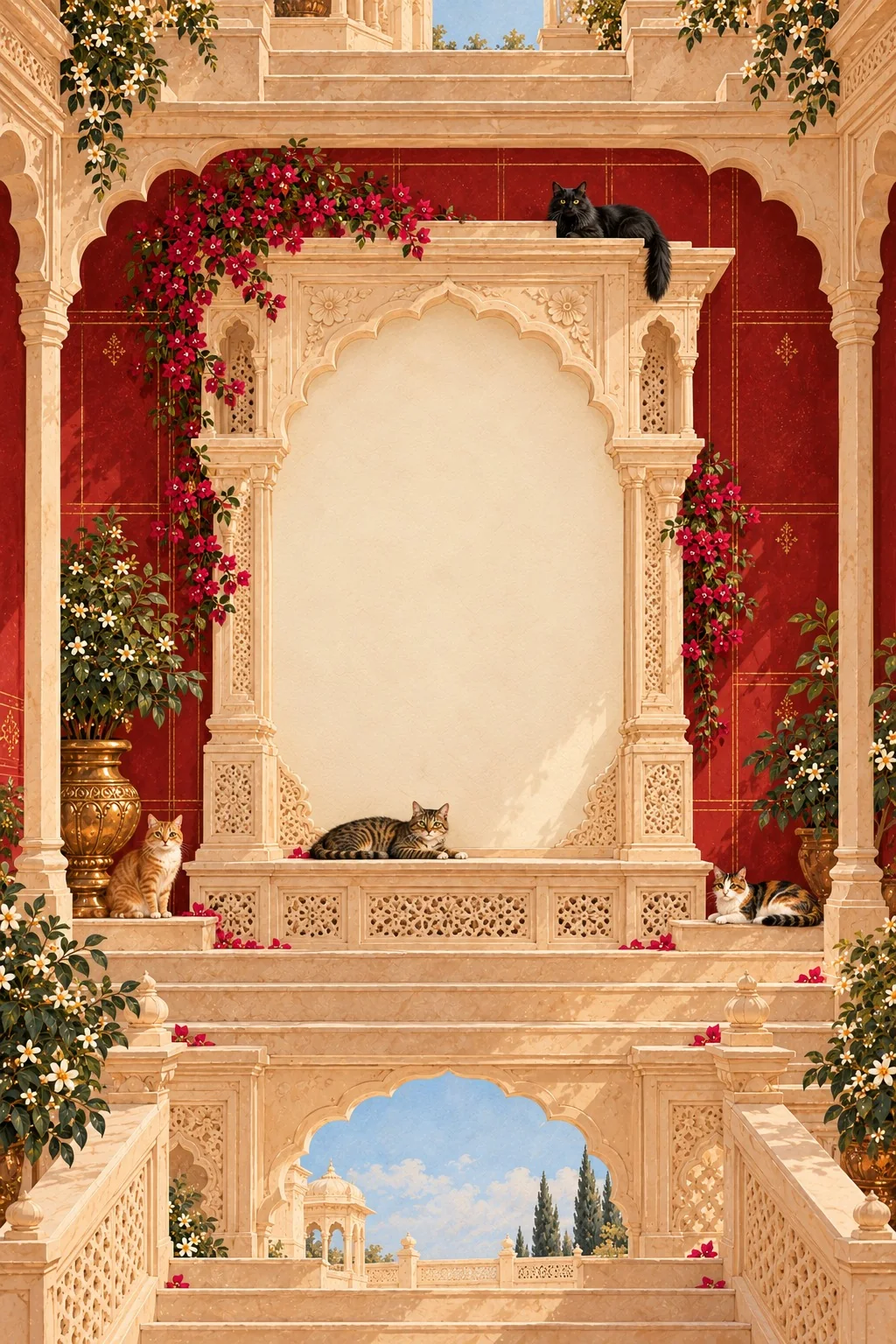 A crimson-walled jharokha courtyard with a carved ivory niche, bougainvillea and jasmine, and the couple’s four cats: a black cat on the cornice, a tabby on the ledge, a ginger cat beside a brass urn and a calico on the step.